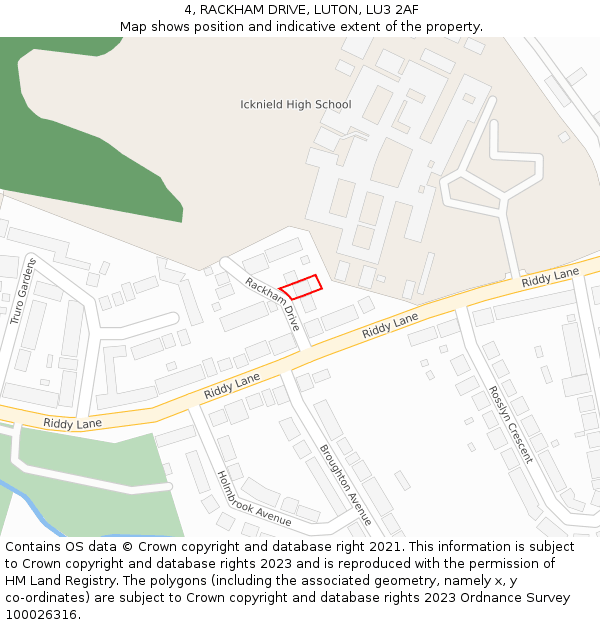 4, RACKHAM DRIVE, LUTON, LU3 2AF: Location map and indicative extent of plot