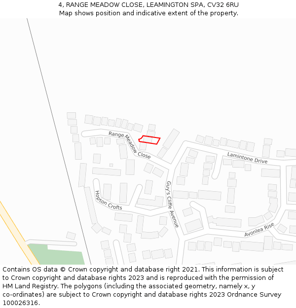 4, RANGE MEADOW CLOSE, LEAMINGTON SPA, CV32 6RU: Location map and indicative extent of plot