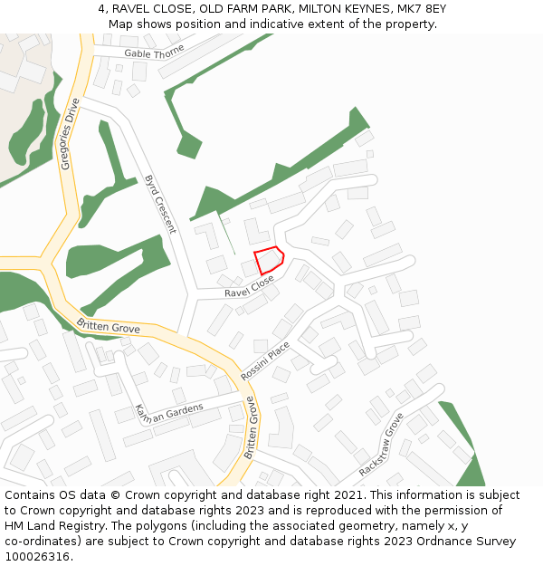 4, RAVEL CLOSE, OLD FARM PARK, MILTON KEYNES, MK7 8EY: Location map and indicative extent of plot