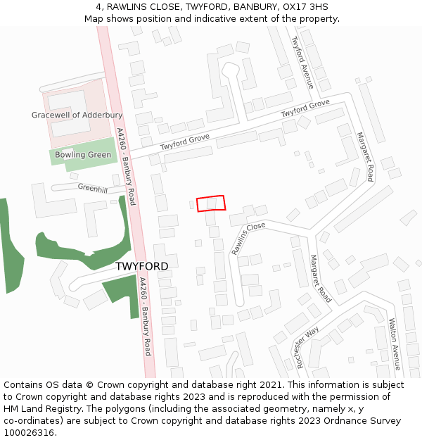 4, RAWLINS CLOSE, TWYFORD, BANBURY, OX17 3HS: Location map and indicative extent of plot