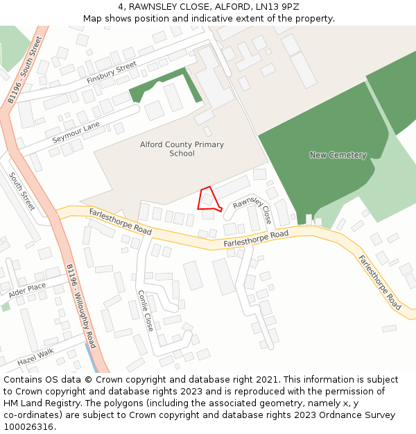 4, RAWNSLEY CLOSE, ALFORD, LN13 9PZ: Location map and indicative extent of plot