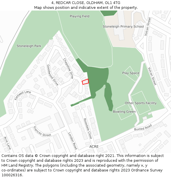 4, REDCAR CLOSE, OLDHAM, OL1 4TG: Location map and indicative extent of plot