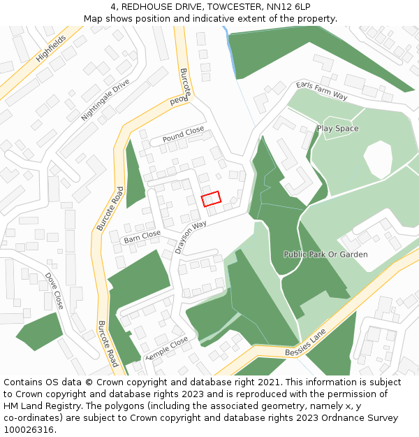 4, REDHOUSE DRIVE, TOWCESTER, NN12 6LP: Location map and indicative extent of plot