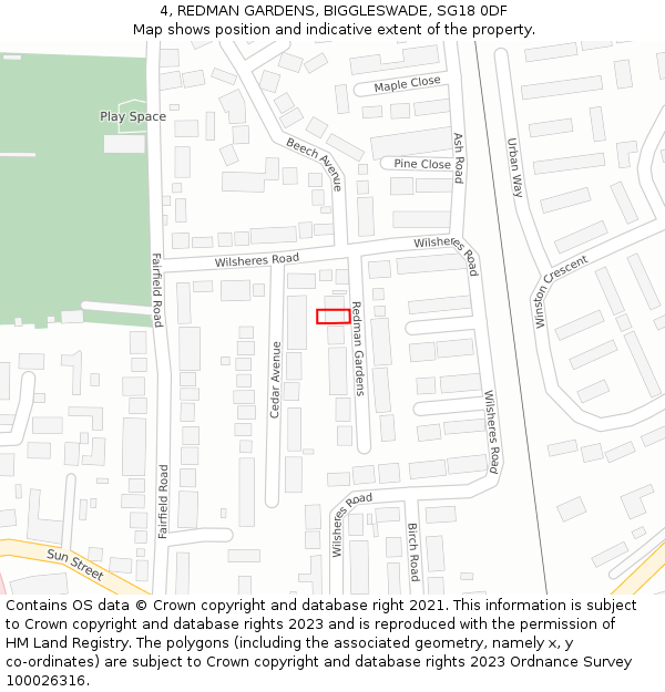 4, REDMAN GARDENS, BIGGLESWADE, SG18 0DF: Location map and indicative extent of plot