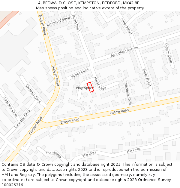 4, REDWALD CLOSE, KEMPSTON, BEDFORD, MK42 8EH: Location map and indicative extent of plot