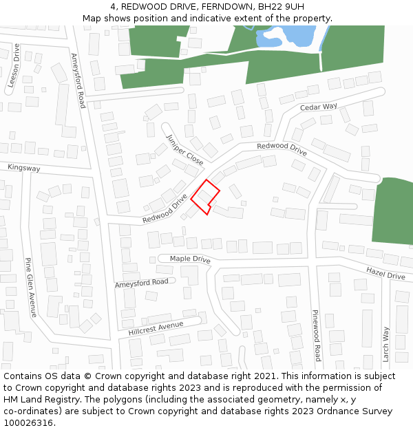 4, REDWOOD DRIVE, FERNDOWN, BH22 9UH: Location map and indicative extent of plot