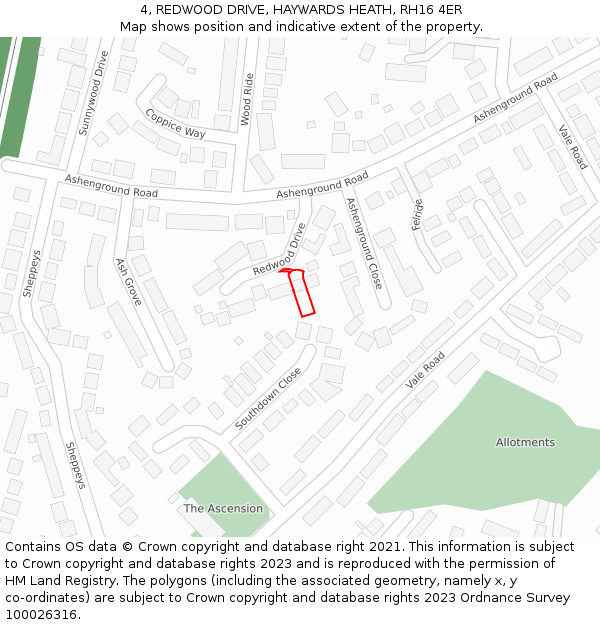 4, REDWOOD DRIVE, HAYWARDS HEATH, RH16 4ER: Location map and indicative extent of plot