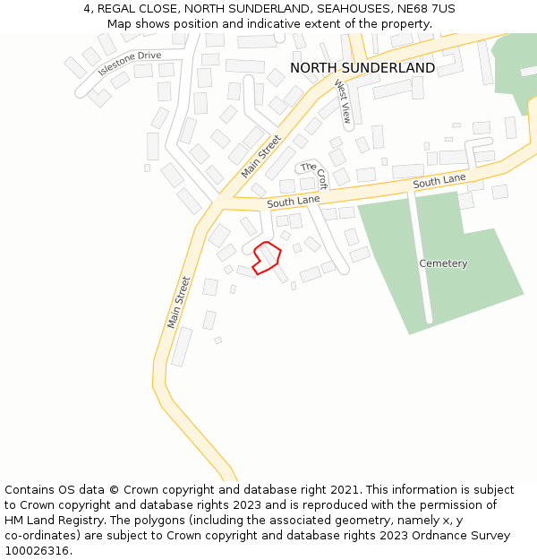 4, REGAL CLOSE, NORTH SUNDERLAND, SEAHOUSES, NE68 7US: Location map and indicative extent of plot