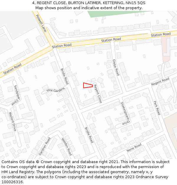 4, REGENT CLOSE, BURTON LATIMER, KETTERING, NN15 5QS: Location map and indicative extent of plot