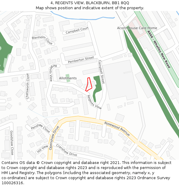 4, REGENTS VIEW, BLACKBURN, BB1 8QQ: Location map and indicative extent of plot