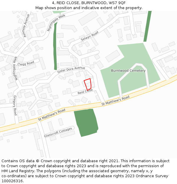 4, REID CLOSE, BURNTWOOD, WS7 9QF: Location map and indicative extent of plot