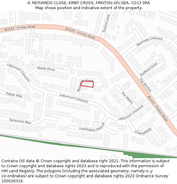4, REYNARDS CLOSE, KIRBY CROSS, FRINTON-ON-SEA, CO13 0RA: Location map and indicative extent of plot