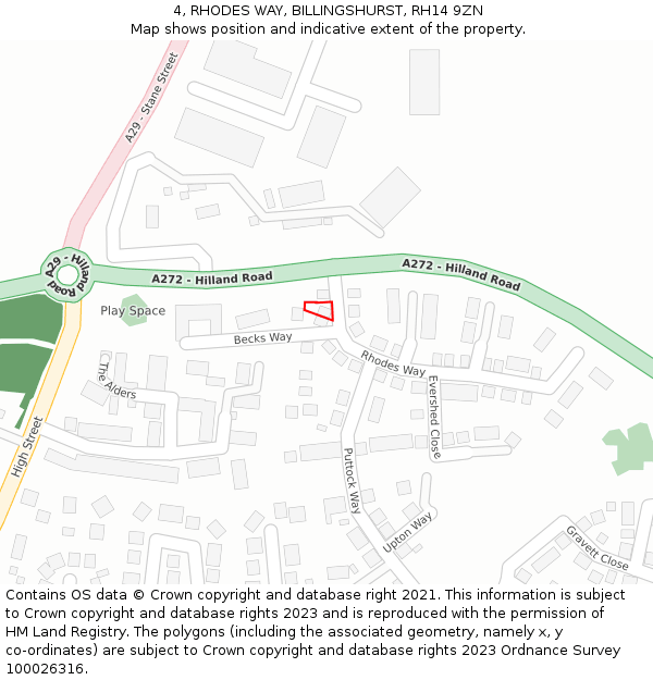 4, RHODES WAY, BILLINGSHURST, RH14 9ZN: Location map and indicative extent of plot