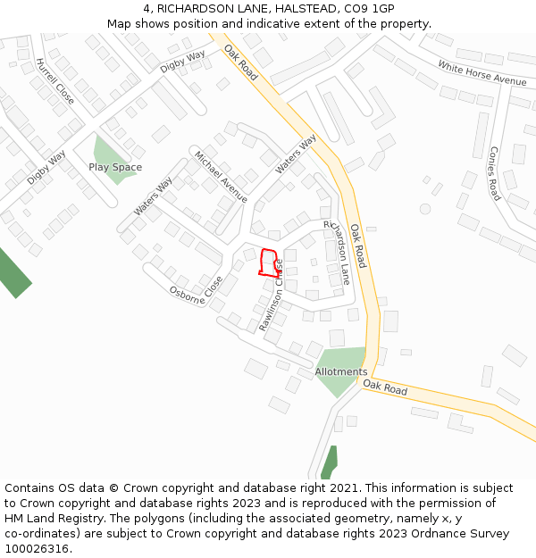 4, RICHARDSON LANE, HALSTEAD, CO9 1GP: Location map and indicative extent of plot