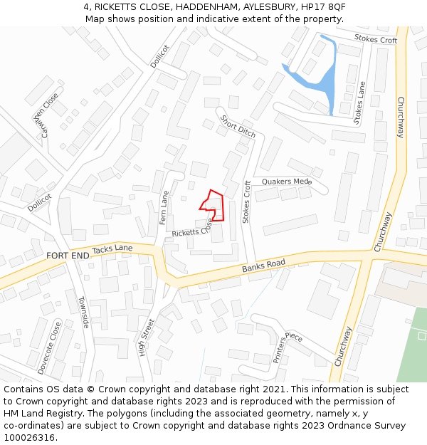4, RICKETTS CLOSE, HADDENHAM, AYLESBURY, HP17 8QF: Location map and indicative extent of plot