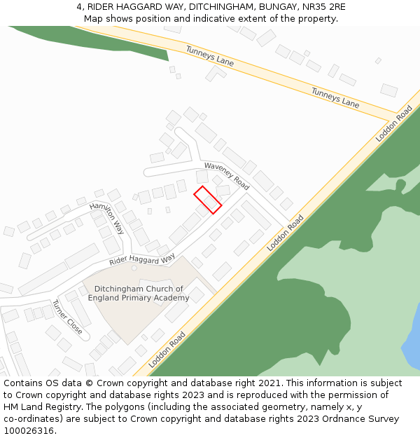 4, RIDER HAGGARD WAY, DITCHINGHAM, BUNGAY, NR35 2RE: Location map and indicative extent of plot