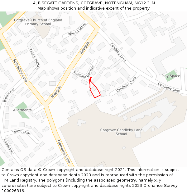 4, RISEGATE GARDENS, COTGRAVE, NOTTINGHAM, NG12 3LN: Location map and indicative extent of plot