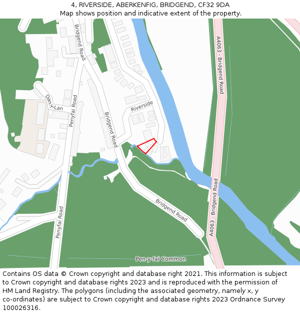 4, RIVERSIDE, ABERKENFIG, BRIDGEND, CF32 9DA: Location map and indicative extent of plot