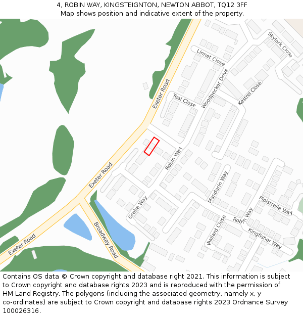 4, ROBIN WAY, KINGSTEIGNTON, NEWTON ABBOT, TQ12 3FF: Location map and indicative extent of plot