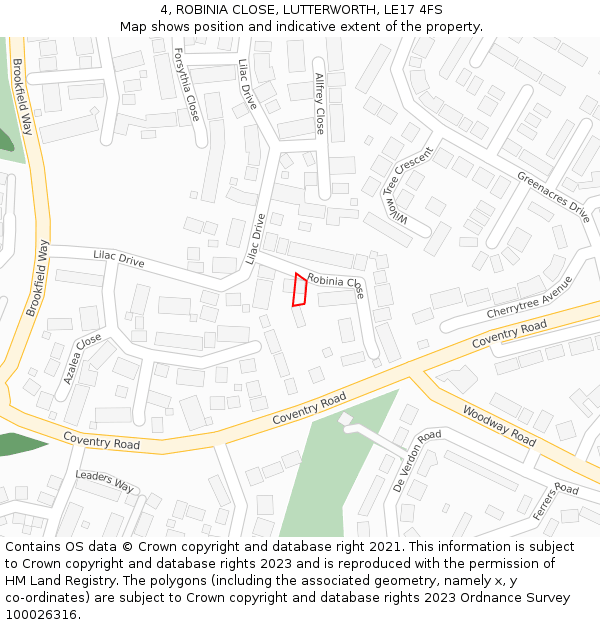 4, ROBINIA CLOSE, LUTTERWORTH, LE17 4FS: Location map and indicative extent of plot