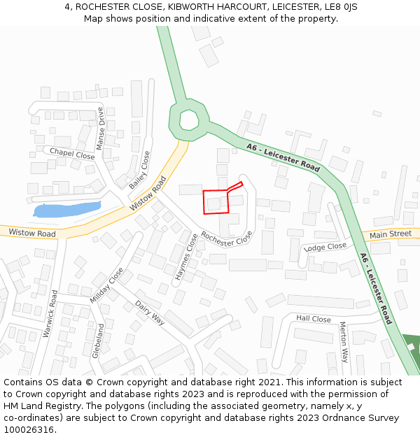 4, ROCHESTER CLOSE, KIBWORTH HARCOURT, LEICESTER, LE8 0JS: Location map and indicative extent of plot