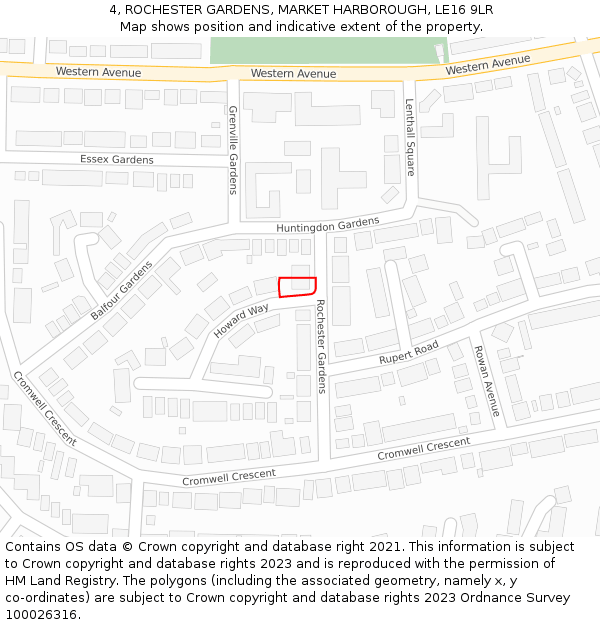 4, ROCHESTER GARDENS, MARKET HARBOROUGH, LE16 9LR: Location map and indicative extent of plot