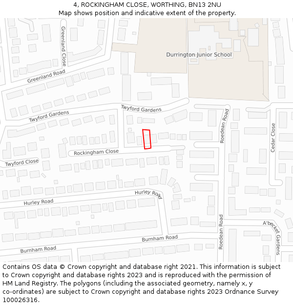 4, ROCKINGHAM CLOSE, WORTHING, BN13 2NU: Location map and indicative extent of plot