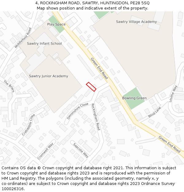 4, ROCKINGHAM ROAD, SAWTRY, HUNTINGDON, PE28 5SQ: Location map and indicative extent of plot