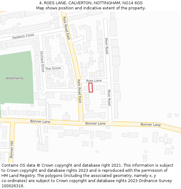 4, ROES LANE, CALVERTON, NOTTINGHAM, NG14 6GS: Location map and indicative extent of plot