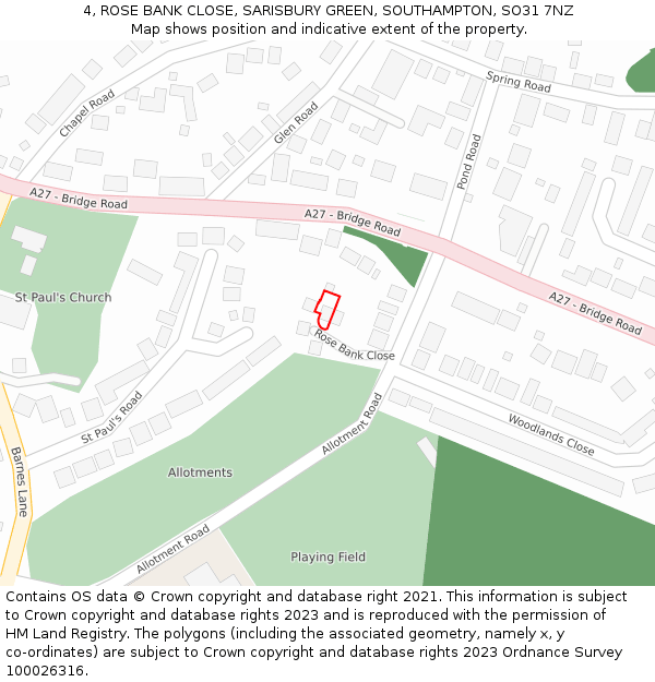 4, ROSE BANK CLOSE, SARISBURY GREEN, SOUTHAMPTON, SO31 7NZ: Location map and indicative extent of plot