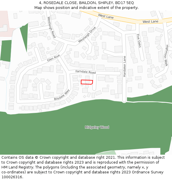 4, ROSEDALE CLOSE, BAILDON, SHIPLEY, BD17 5EQ: Location map and indicative extent of plot