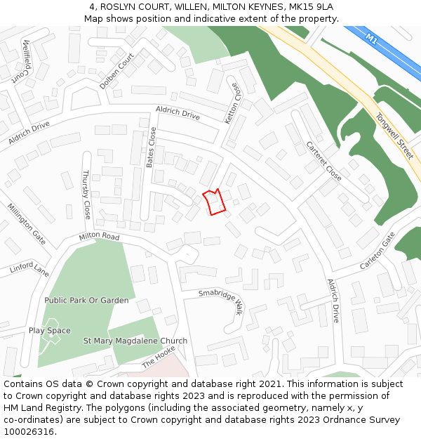 4, ROSLYN COURT, WILLEN, MILTON KEYNES, MK15 9LA: Location map and indicative extent of plot