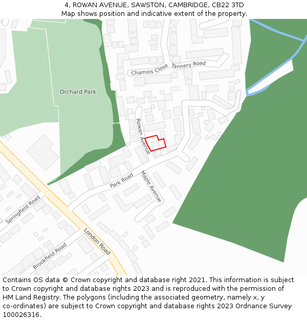 4, ROWAN AVENUE, SAWSTON, CAMBRIDGE, CB22 3TD: Location map and indicative extent of plot