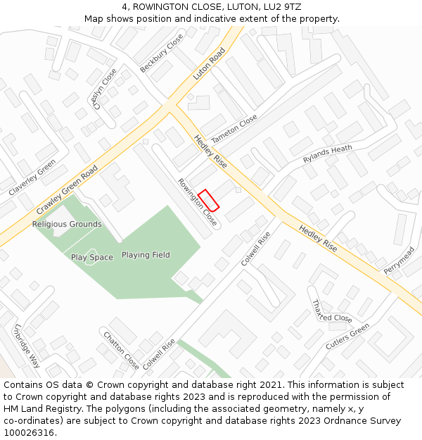 4, ROWINGTON CLOSE, LUTON, LU2 9TZ: Location map and indicative extent of plot