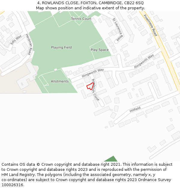 4, ROWLANDS CLOSE, FOXTON, CAMBRIDGE, CB22 6SQ: Location map and indicative extent of plot