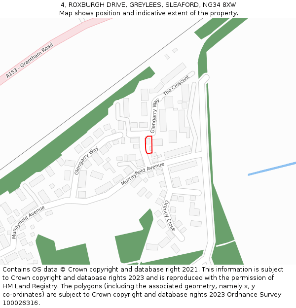 4, ROXBURGH DRIVE, GREYLEES, SLEAFORD, NG34 8XW: Location map and indicative extent of plot