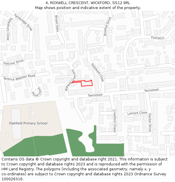 4, ROXWELL CRESCENT, WICKFORD, SS12 9RL: Location map and indicative extent of plot