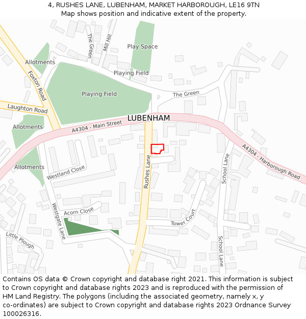 4, RUSHES LANE, LUBENHAM, MARKET HARBOROUGH, LE16 9TN: Location map and indicative extent of plot