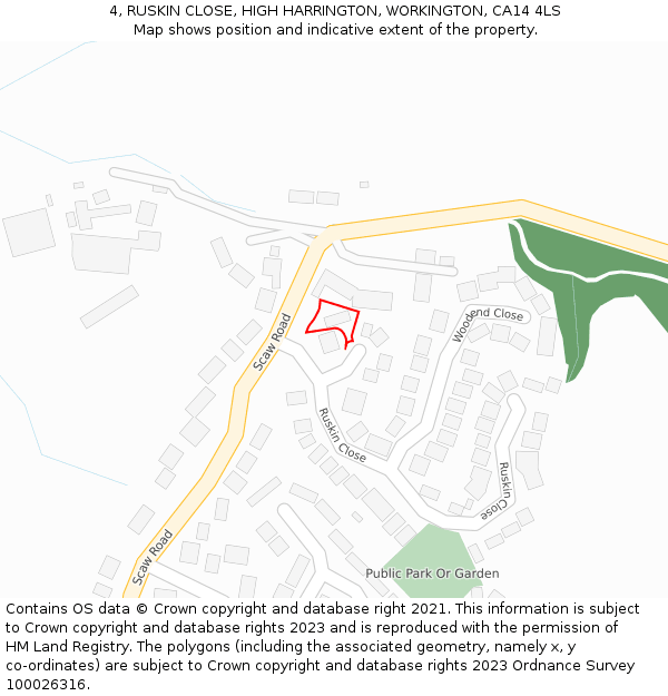 4, RUSKIN CLOSE, HIGH HARRINGTON, WORKINGTON, CA14 4LS: Location map and indicative extent of plot