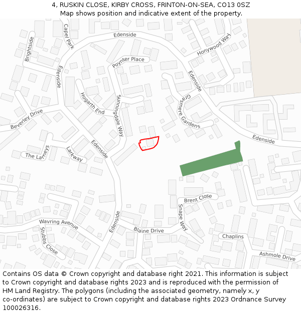 4, RUSKIN CLOSE, KIRBY CROSS, FRINTON-ON-SEA, CO13 0SZ: Location map and indicative extent of plot