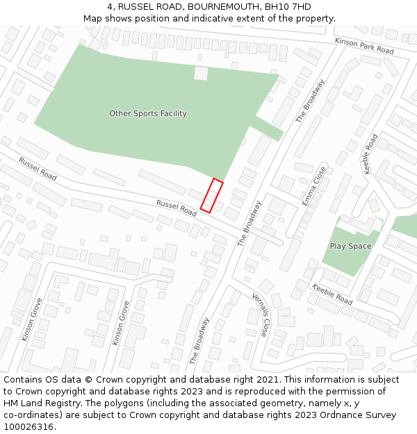 4, RUSSEL ROAD, BOURNEMOUTH, BH10 7HD: Location map and indicative extent of plot