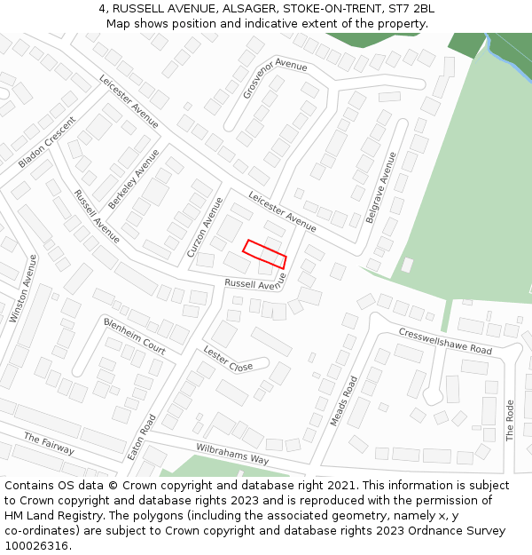 4, RUSSELL AVENUE, ALSAGER, STOKE-ON-TRENT, ST7 2BL: Location map and indicative extent of plot