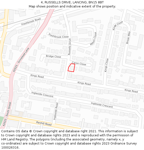4, RUSSELLS DRIVE, LANCING, BN15 8BT: Location map and indicative extent of plot