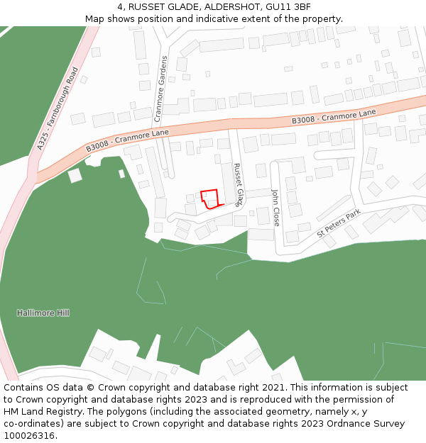 4, RUSSET GLADE, ALDERSHOT, GU11 3BF: Location map and indicative extent of plot