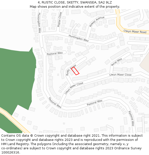 4, RUSTIC CLOSE, SKETTY, SWANSEA, SA2 9LZ: Location map and indicative extent of plot