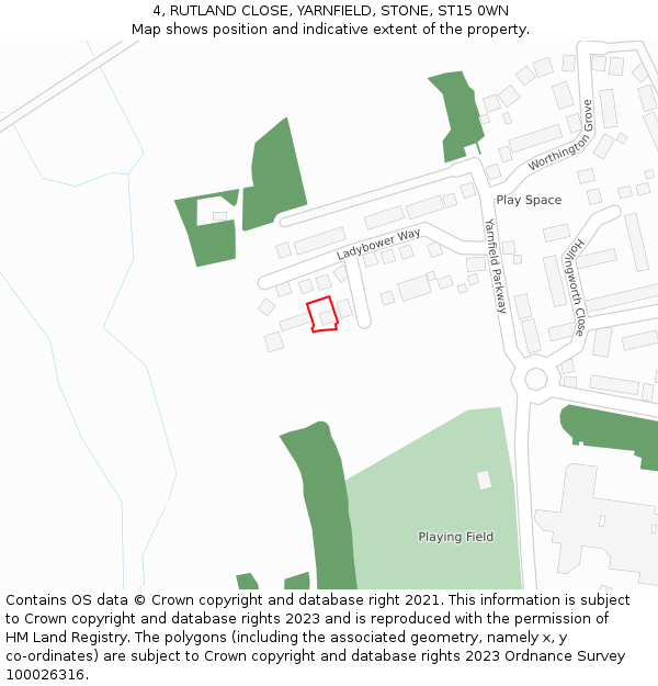 4, RUTLAND CLOSE, YARNFIELD, STONE, ST15 0WN: Location map and indicative extent of plot