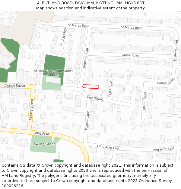 4, RUTLAND ROAD, BINGHAM, NOTTINGHAM, NG13 8DT: Location map and indicative extent of plot