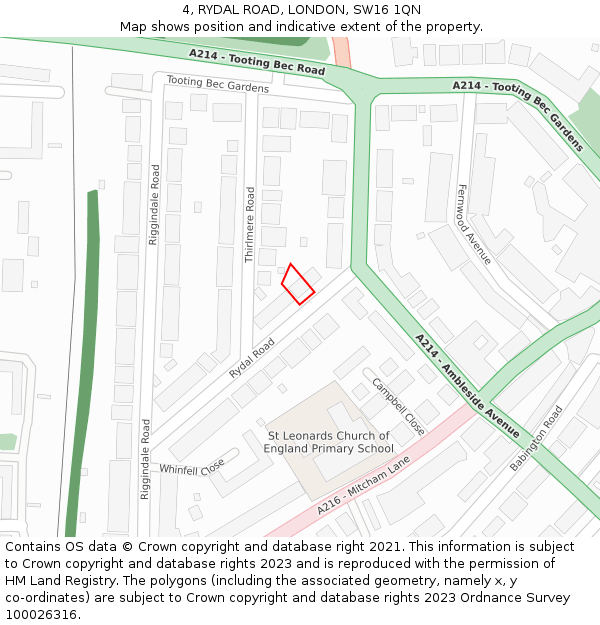 4, RYDAL ROAD, LONDON, SW16 1QN: Location map and indicative extent of plot