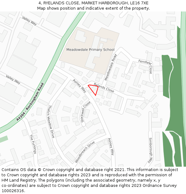 4, RYELANDS CLOSE, MARKET HARBOROUGH, LE16 7XE: Location map and indicative extent of plot