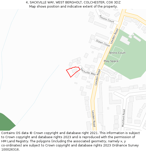 4, SACKVILLE WAY, WEST BERGHOLT, COLCHESTER, CO6 3DZ: Location map and indicative extent of plot